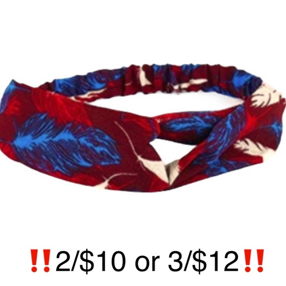 Red & Blue Feather Pattern Elastic Twist Front Headband - Picture 1 of 8